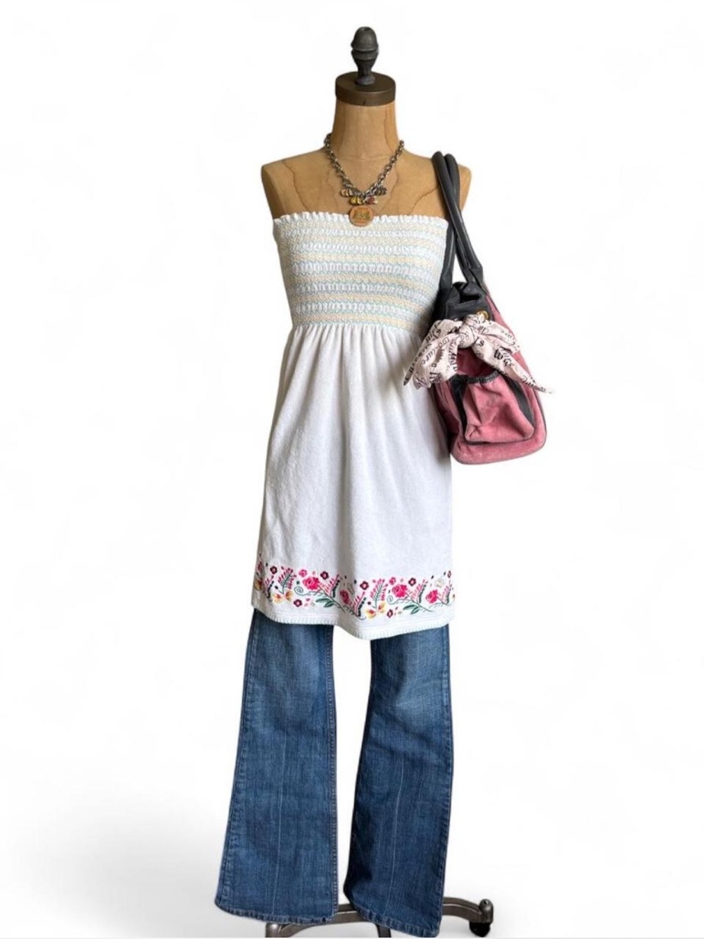 Vintage Juicy Couture White Embroidered Smocked Tube Dress